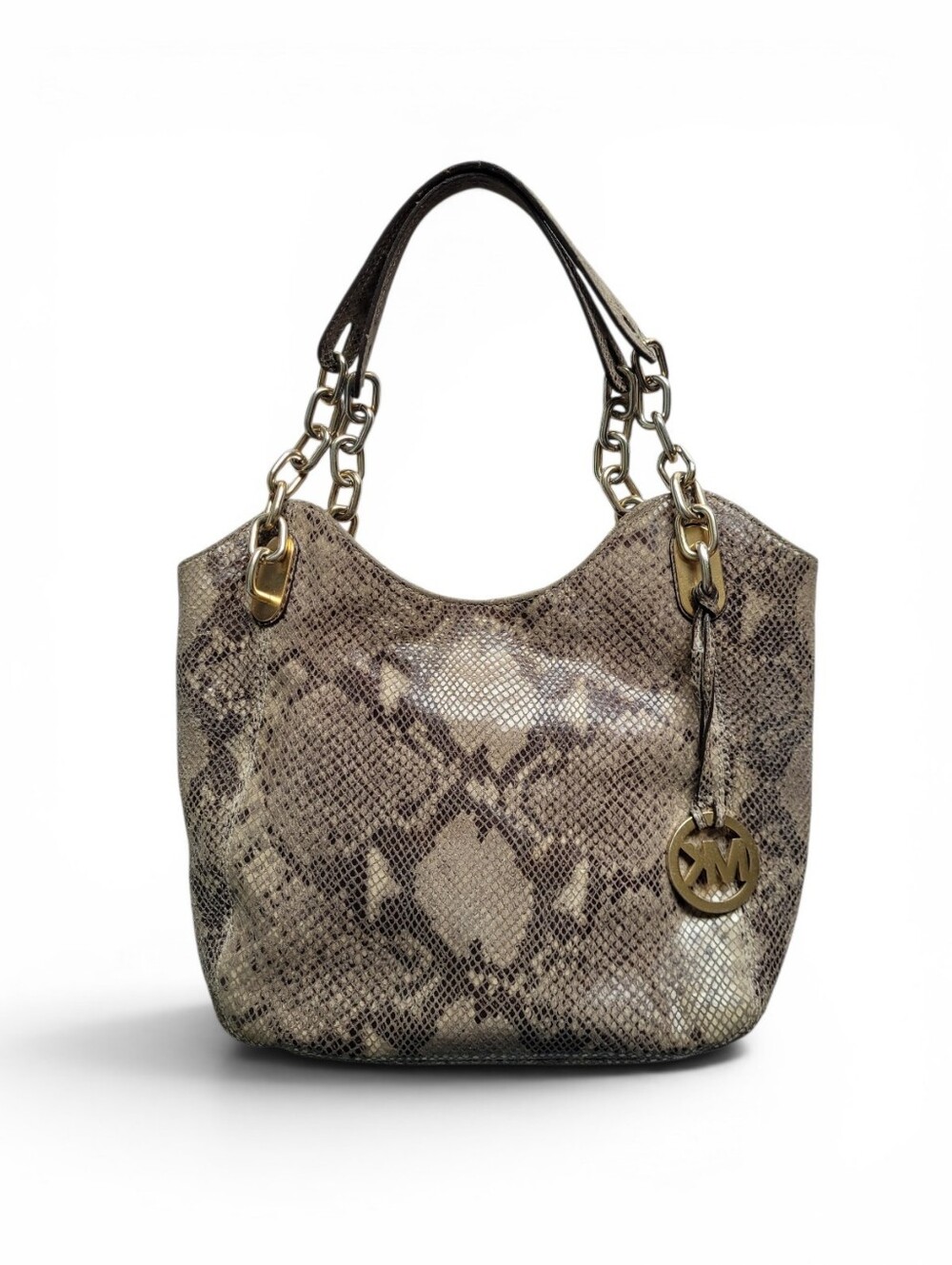 Michael Kors Leather Snake Print Shoulder Bag With Chains Beige Brown